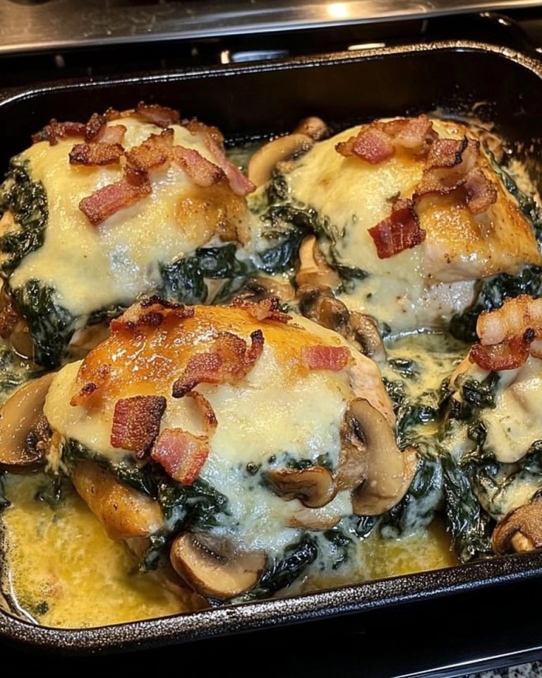 Smothered Chicken with Creamed Spinach, Bacon, Mushrooms