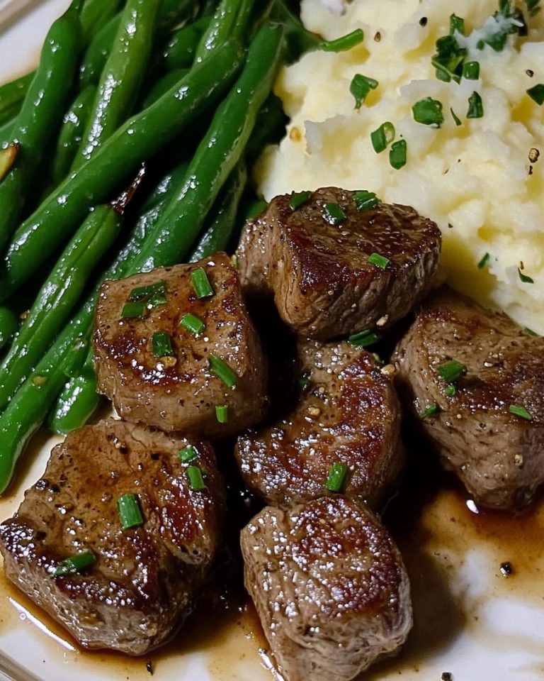 The Garlic Butter Steak Bites with Mashed Potato and Green Beans