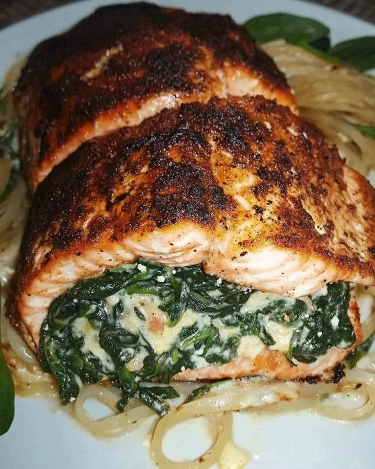 Blackened Salmon stuffed with spinach and parmesan