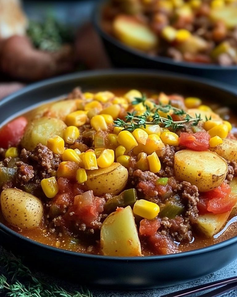 Hamburger meat , corn, potatoes and tomatoes