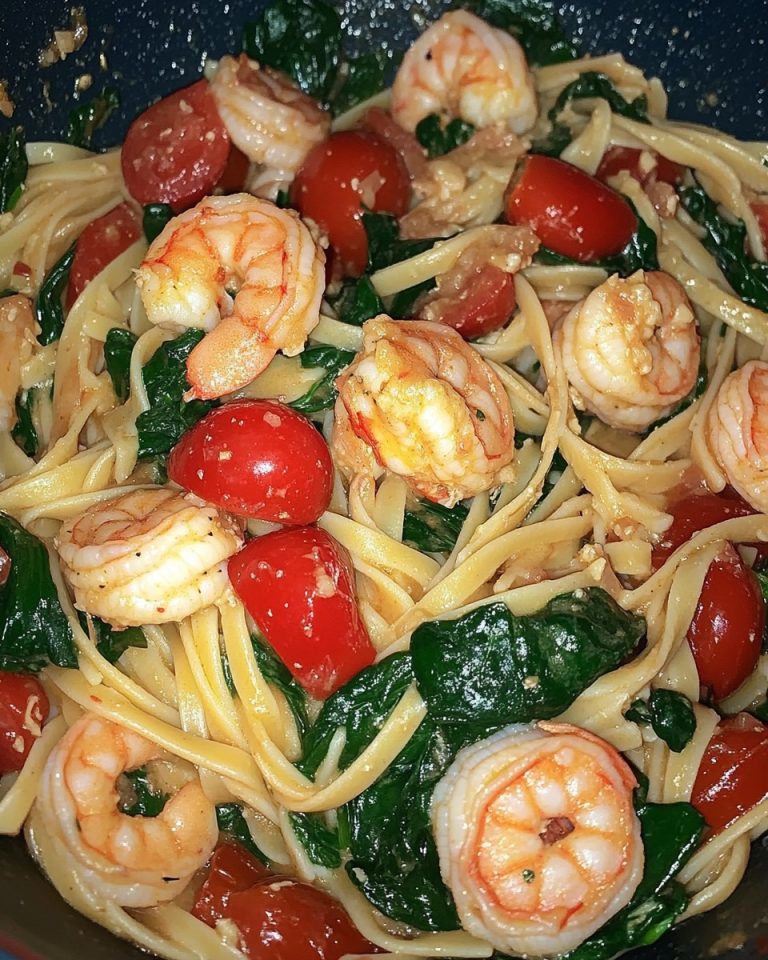 SHRIMP TOMATO SPINACH PASTA IN GARLIC BUTTER SAUCE