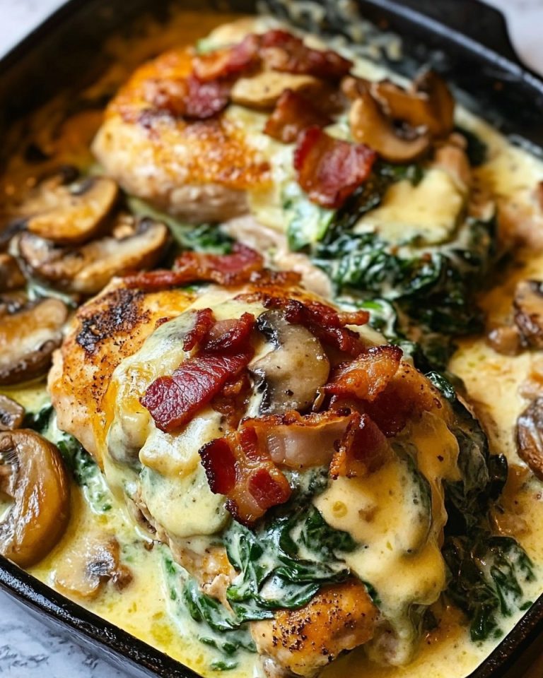 Smothered Chicken with Creamed Spinach, Bacon, Mushrooms