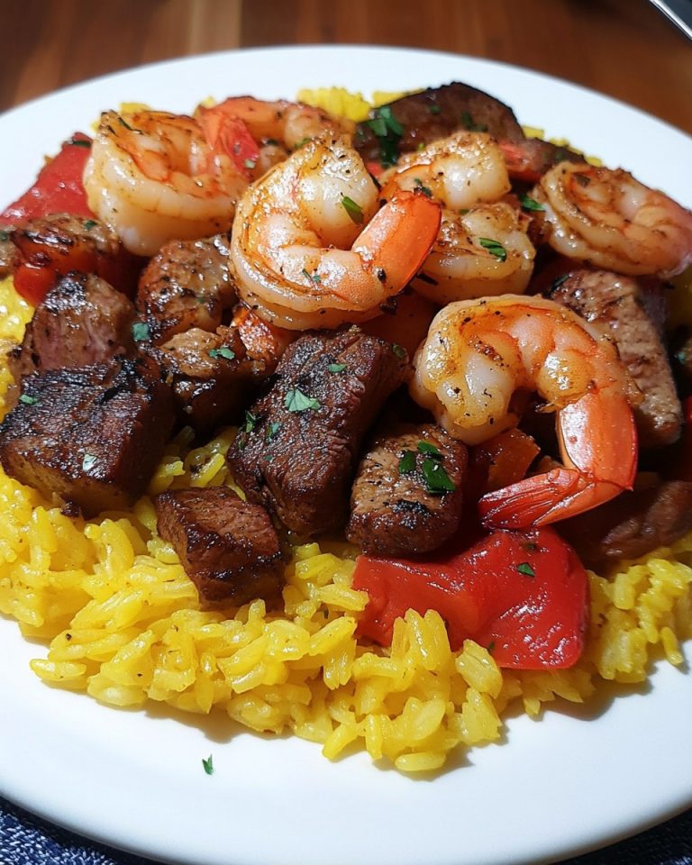 Jerk Steak & Shrimp over Yellow Rice