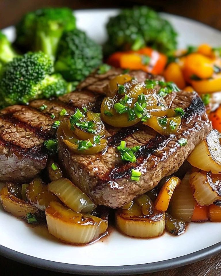 Grilled Steak with Sautéed Peppers and Onions