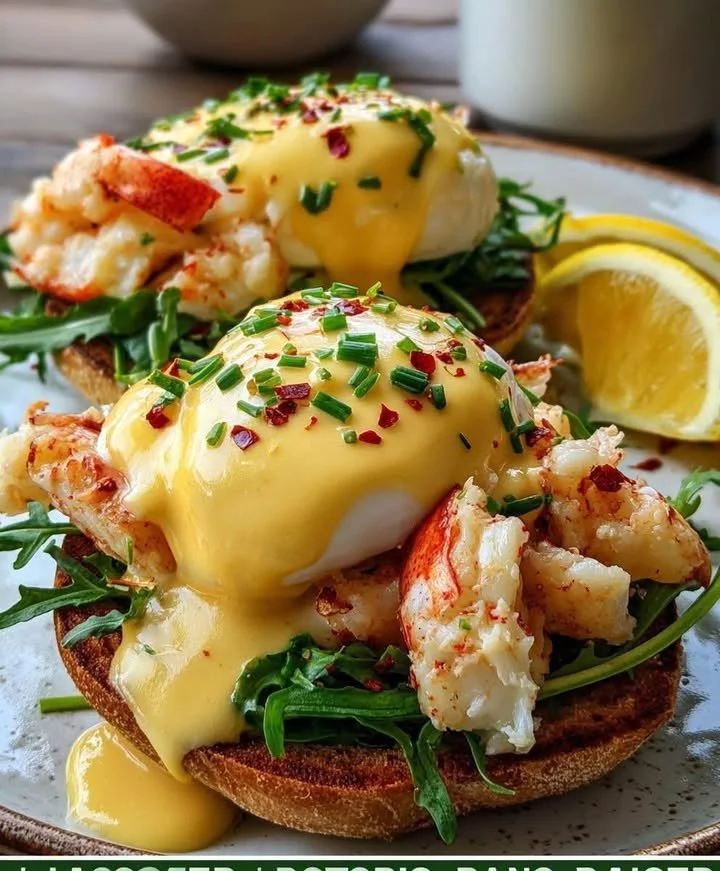 Delicious Bay Lobster Eggs Benedict topped with Cajun Hollandaise sauce.