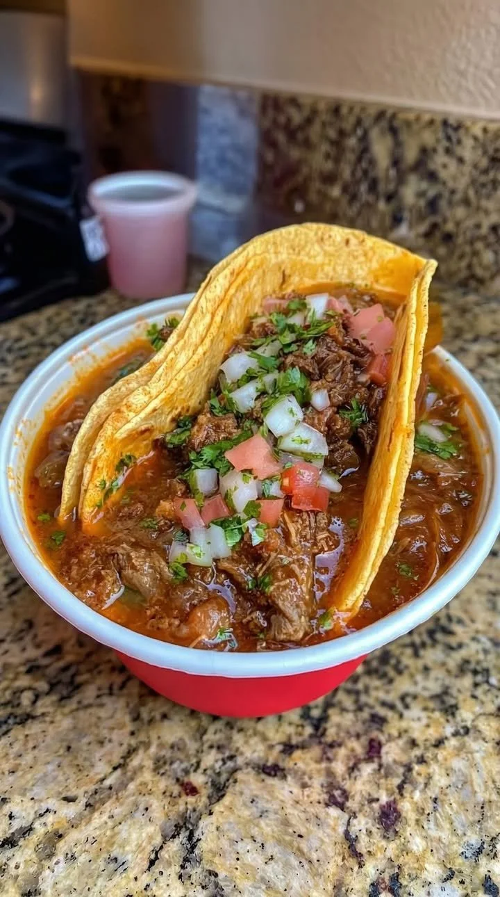 Delicious Beef Birria Tacos served with fresh toppings and consome