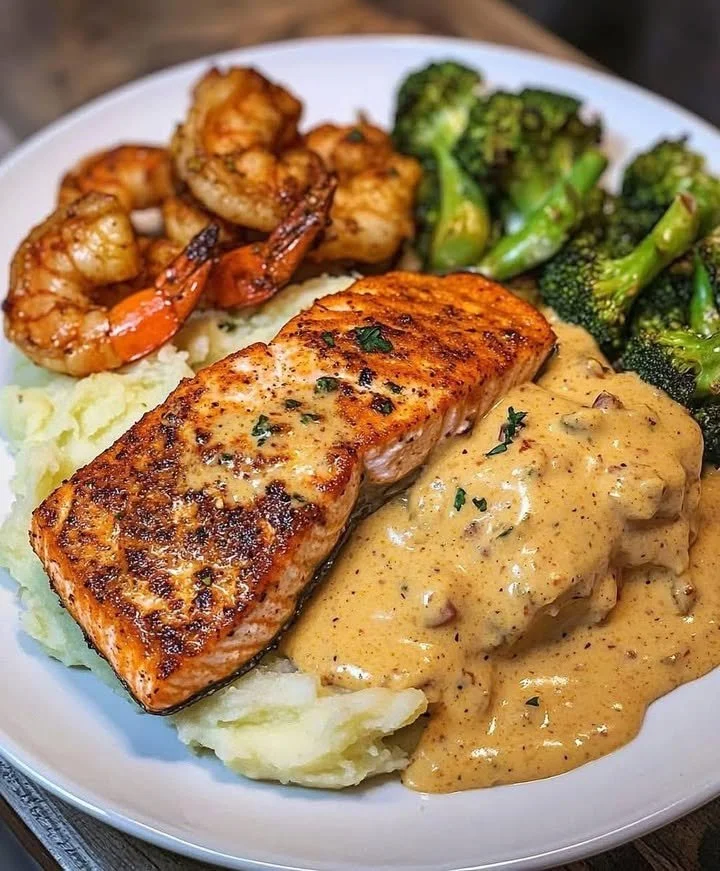 Cajun Salmon served with garlic mashed potatoes and shrimp vegetable medley