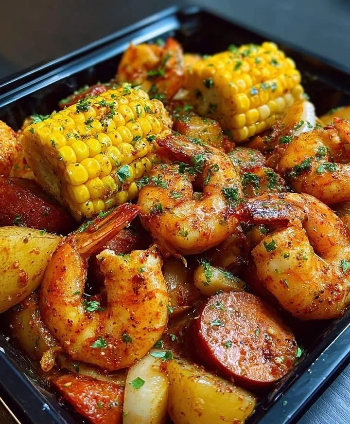 Delicious Cajun Shrimp Boil served with garlic butter sauce