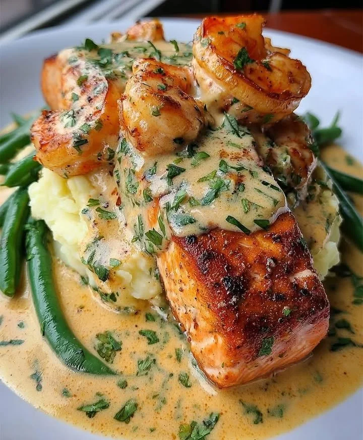 Cajun shrimp and salmon drizzled with garlic cream sauce