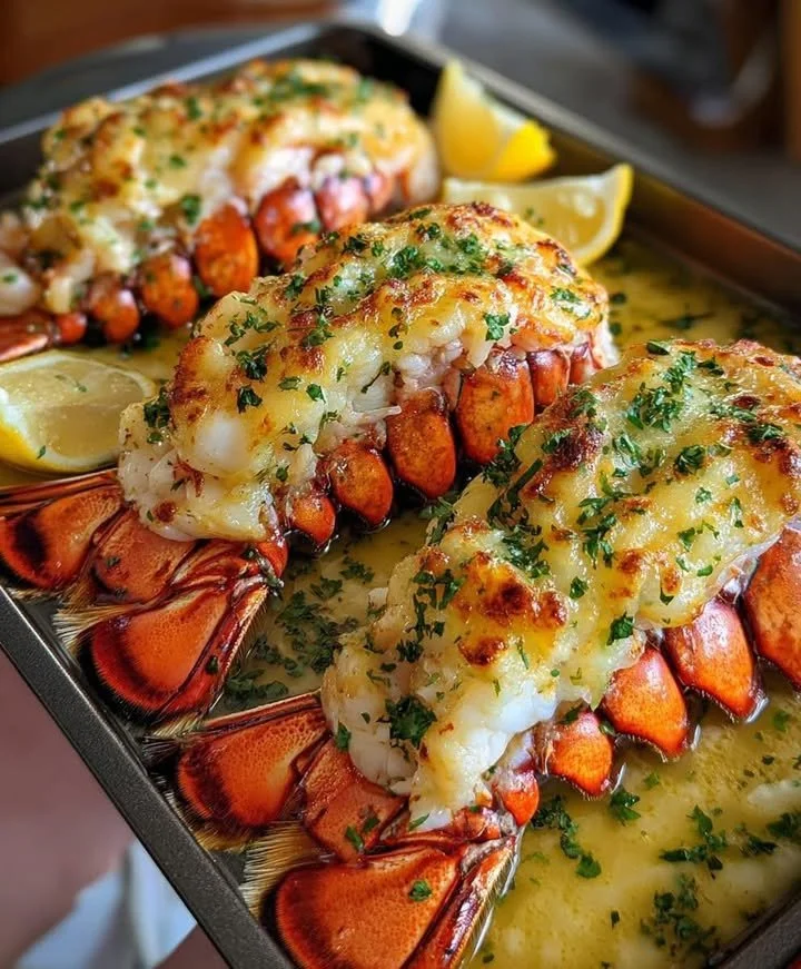 Delicious cheesy garlic butter lobster tails ready to be served.