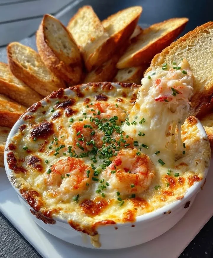 Cheesy shrimp crab bake dip in a baking dish topped with herbs