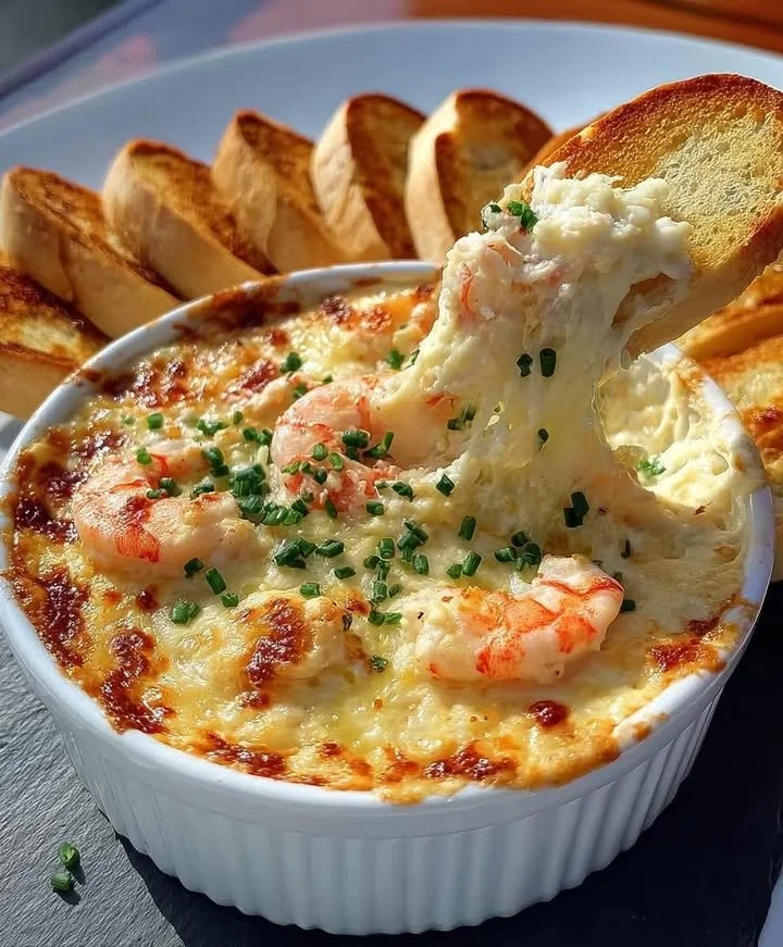 Cheesy shrimp crab dip served in a baking dish, ideal for appetizers.