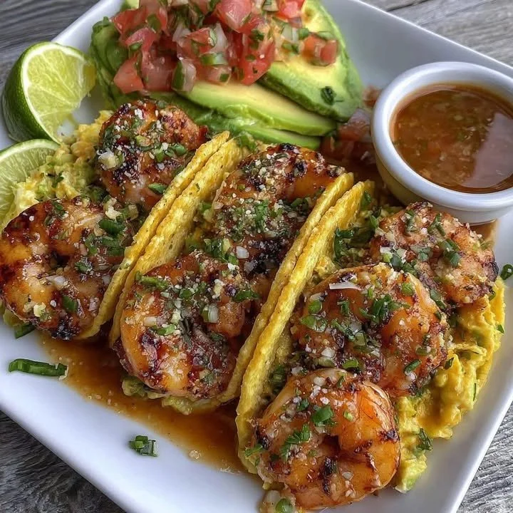 Chipotle Lime Shrimp Tacos ready to serve with fresh toppings