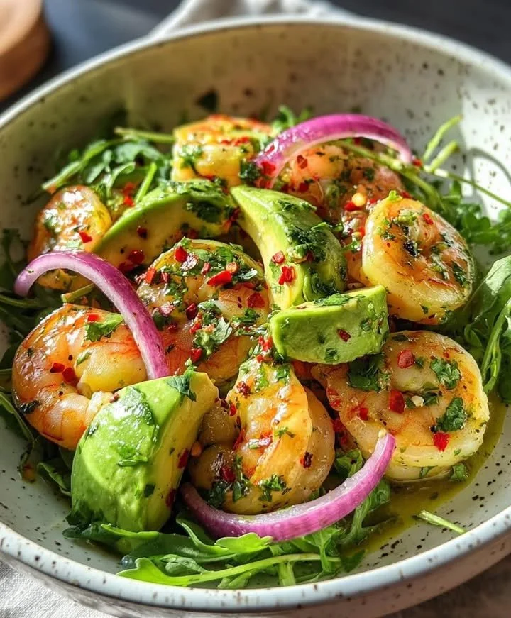 Cilantro lime shrimp and avocado salad in a bowl