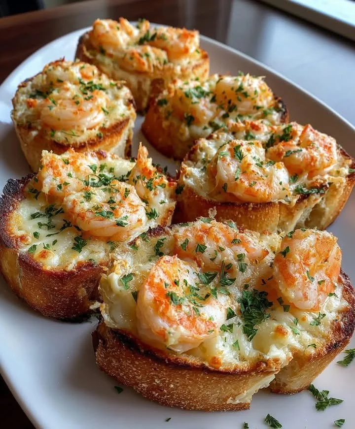 Delicious crabby shrimp-stuffed garlic bread bombs piled high on a serving platter