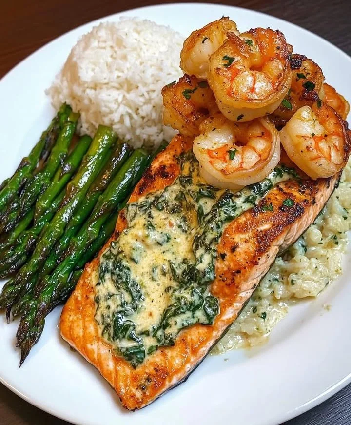Creamed spinach-stuffed salmon with garlic shrimp on a plate