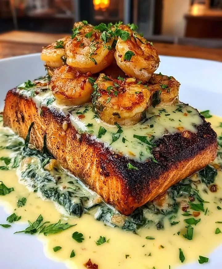 Creamy blackened salmon topped with shrimp on a plate.