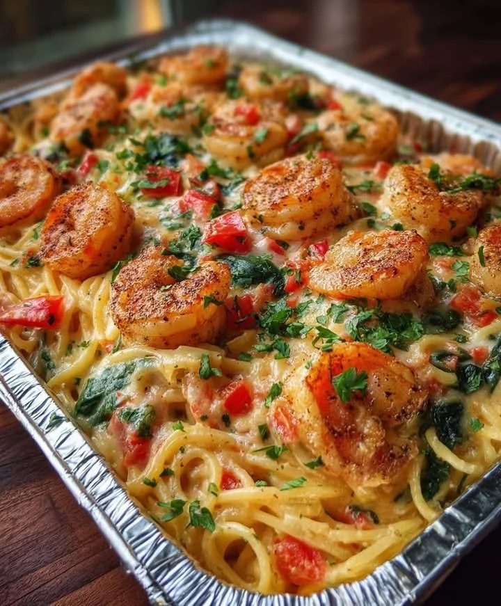 Creamy Cajun shrimp pasta bake topped with herbs and cheese, served in a dish.