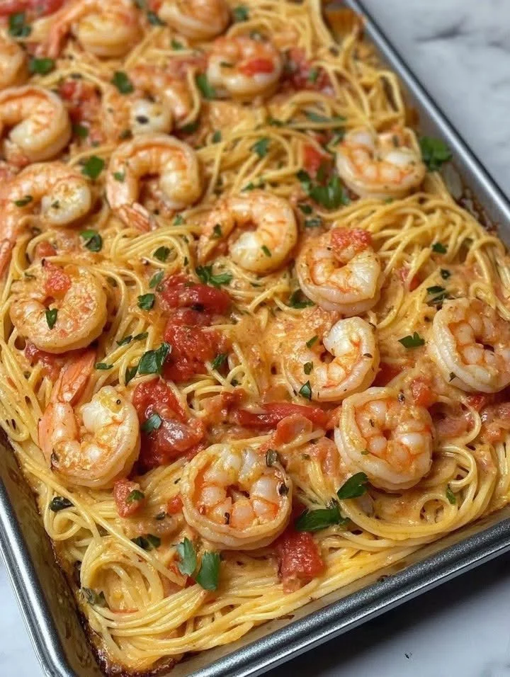 Creamy Cajun shrimp pasta bake served in a vibrant dish filled with shrimp and pasta
