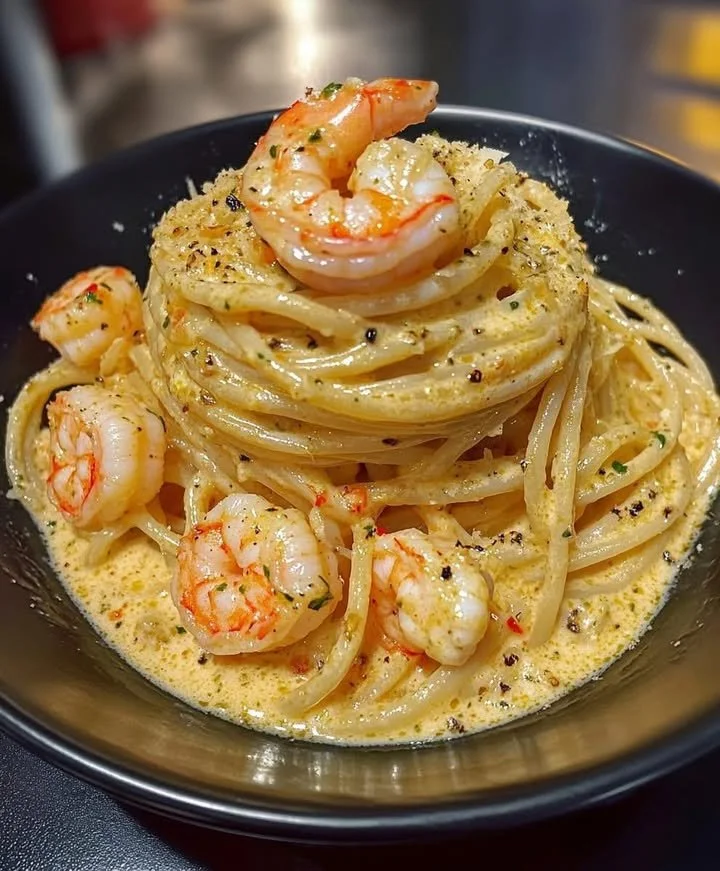 Creamy Cajun shrimp pasta volcano dish with rich sauces and spices