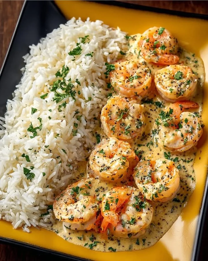 Creamy garlic butter shrimp served over herbed rice, a delicious seafood dish