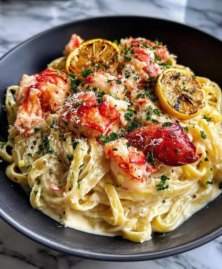 Bowl of creamy lobster fettuccine Alfredo garnished with parsley