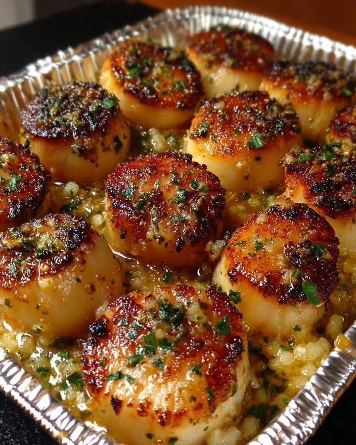 Delicious garlic butter baked scallops garnished with herbs and lemon.