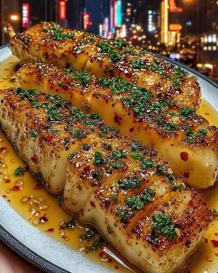 Garlic Butter Cod strips served with sweet chili lime sauce on a plate