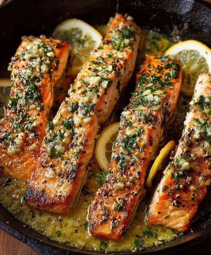 Garlic Butter Lemon Salmon served on a plate with lemon slices and herbs