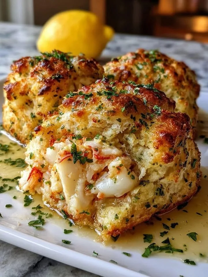 Garlic butter lobster-stuffed biscuits on a plate garnished with herbs
