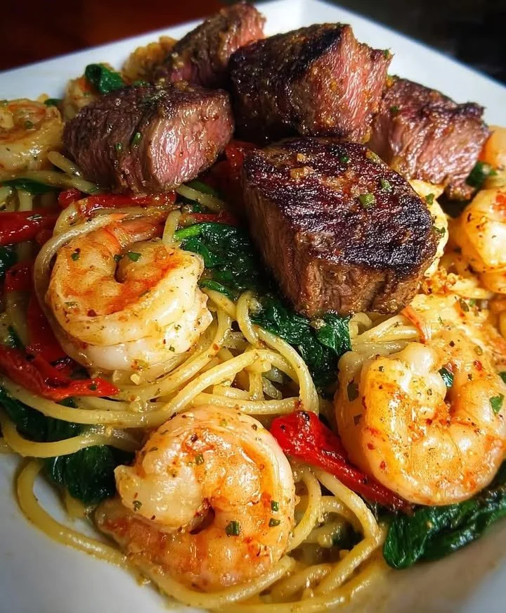 Garlic Butter Steak & Shrimp Pasta