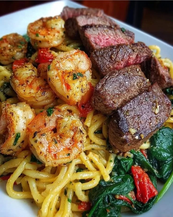 Garlic Butter Steak & Shrimp Pasta
