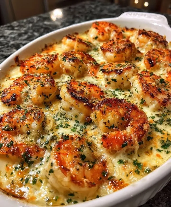 Garlic Parmesan Shrimp Bake served in a dish with herbs and a side of bread.