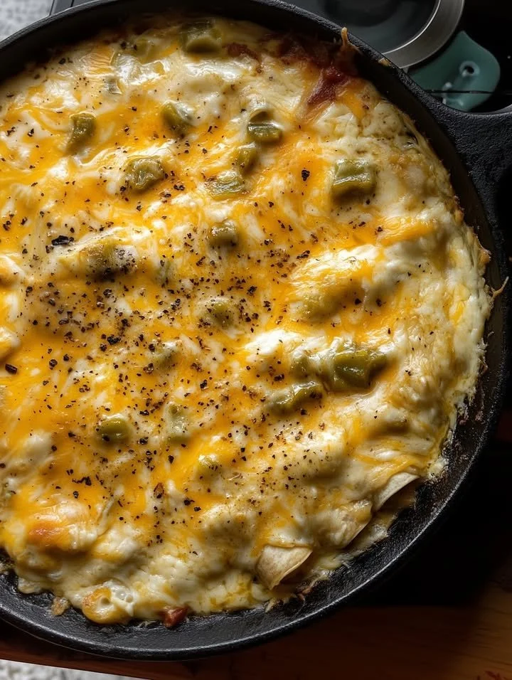Green Chile Chicken Skillet Enchiladas topped with melted cheese and cilantro