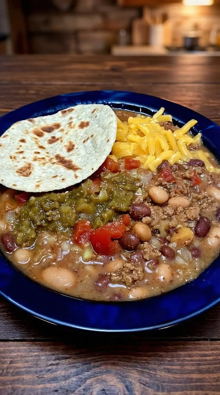 A delicious plate of Green Chile Picadillo with Pinto Beans, garnished and served.