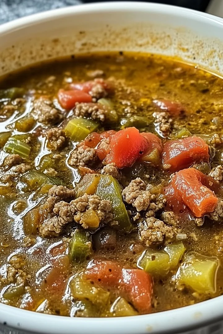 Delicious bowl of Green Chile Stew with Ground Beef garnished with fresh herbs.