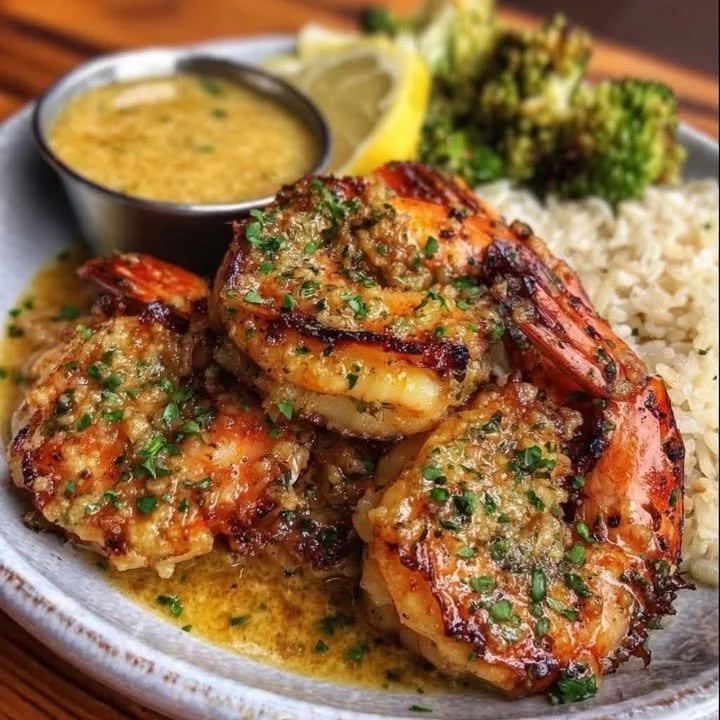 Grilled coconut lime shrimp garnished with lime wedges and herbs