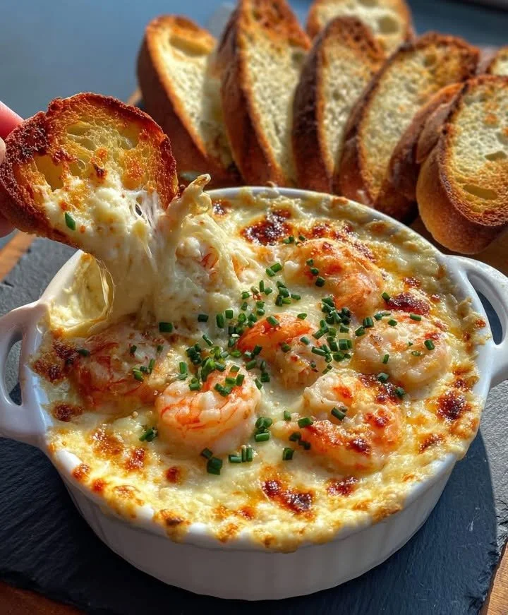 Hot cheesy shrimp dip served with garlic toast appetizer