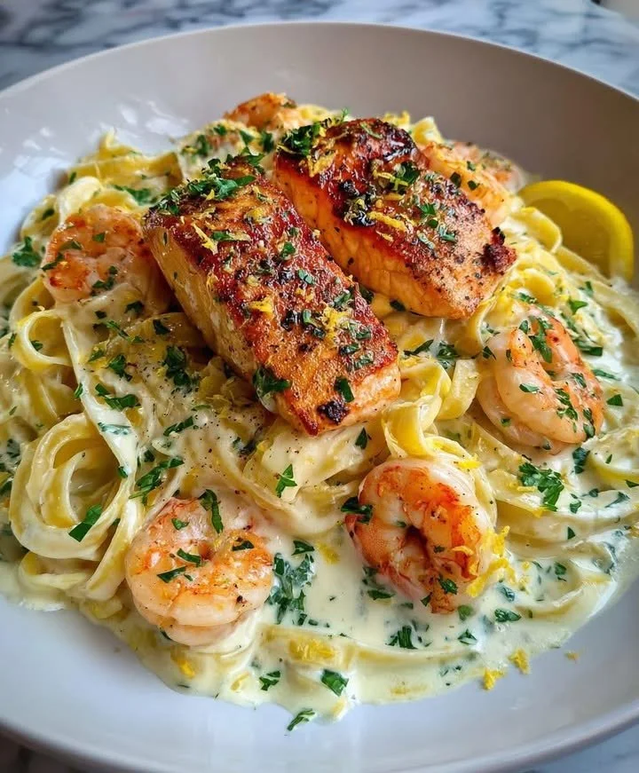 Lemon Garlic Salmon & Shrimp Alfredo