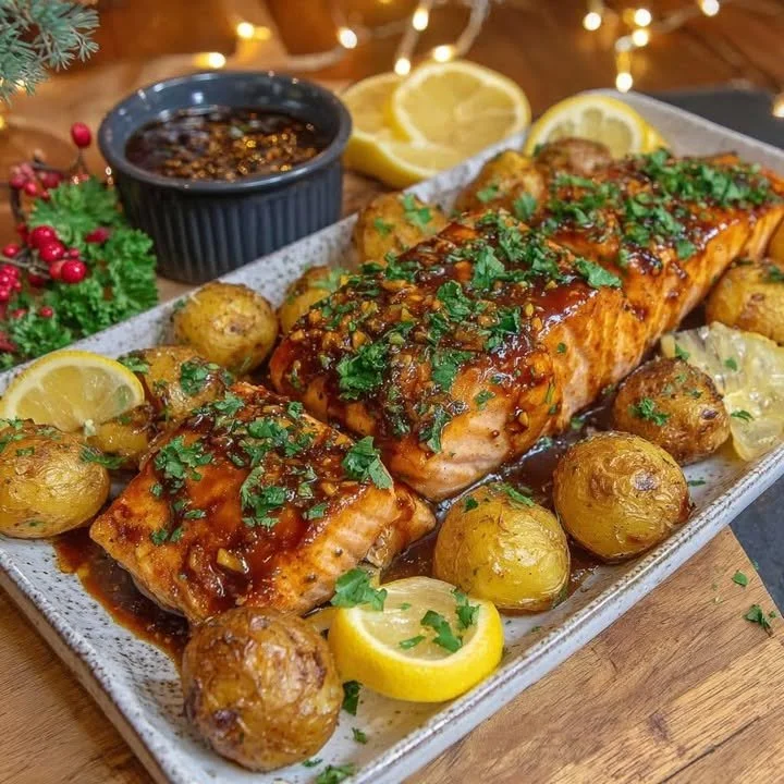 Maple Mustard Salmon dish garnished with herbs and served with crispy potatoes.
