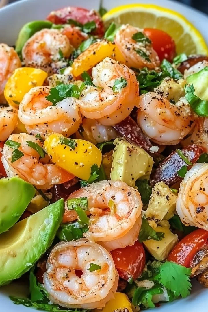 Colorful Mexican shrimp avocado salad with fresh vegetables and dressing