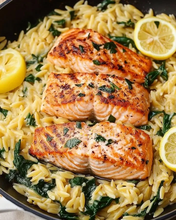 One Skillet Salmon with Lemon Orzo
