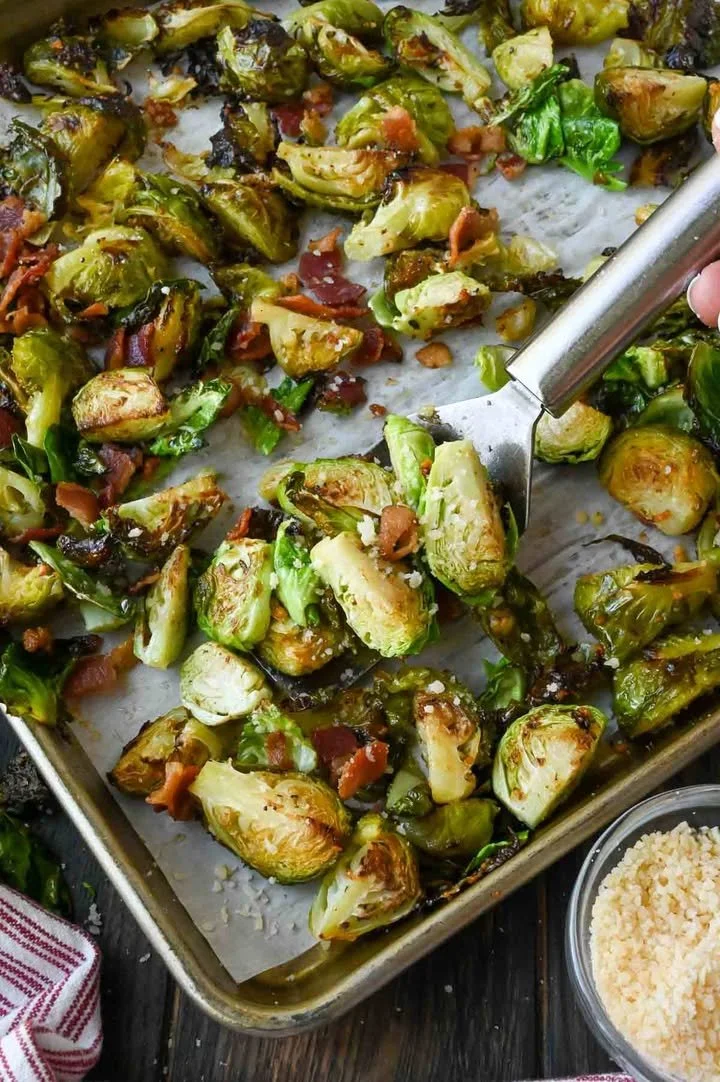 Delicious roasted Brussels sprouts with crispy bacon slices