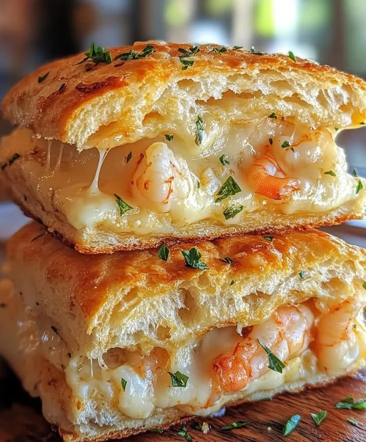 Savory shrimp crab melts on flaky biscuits, a delicious seafood dish.
