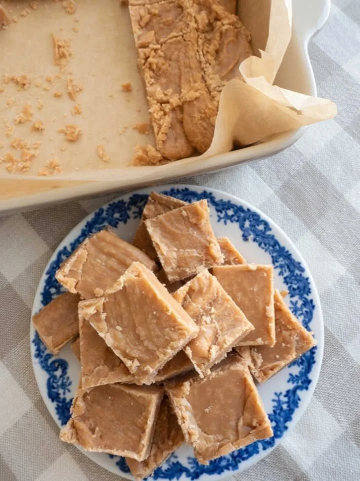 Homemade Scottish Tablet displayed on a wooden board