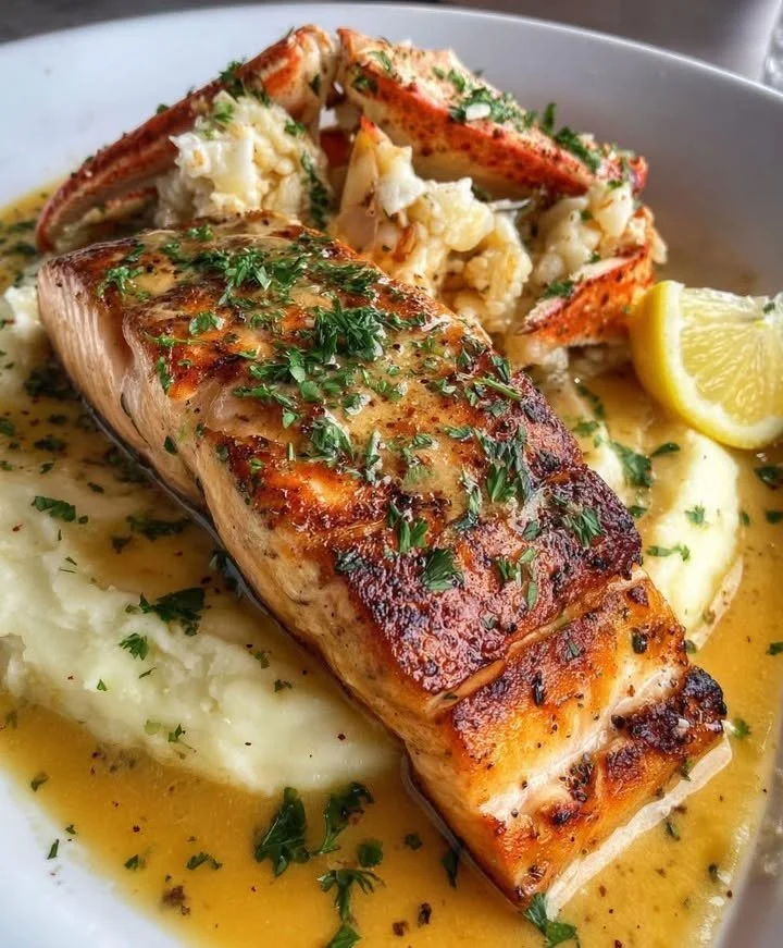 Plate of seared salmon and crab served with creamy mashed potatoes
