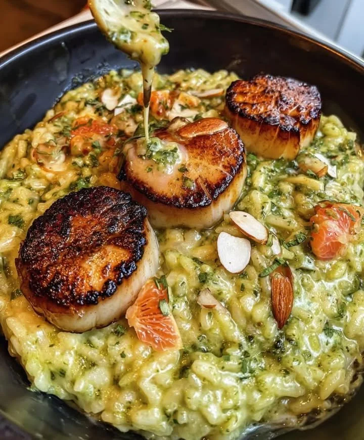Seared Scallops with Creamy Pesto Risotto
