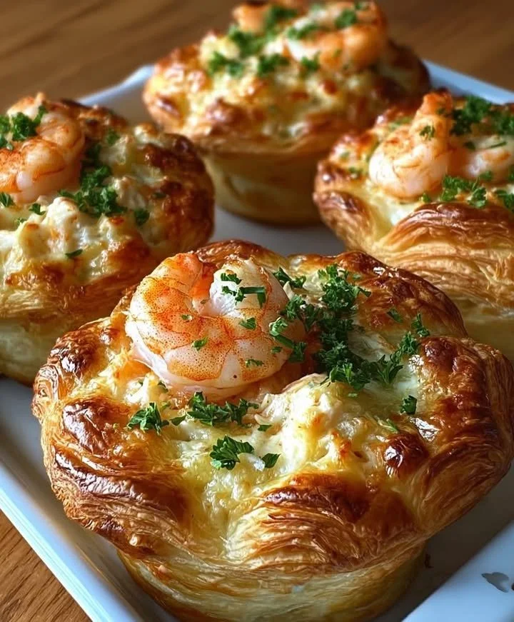 Shrimp crab croissant bomb cups served on a platter, garnished with herbs