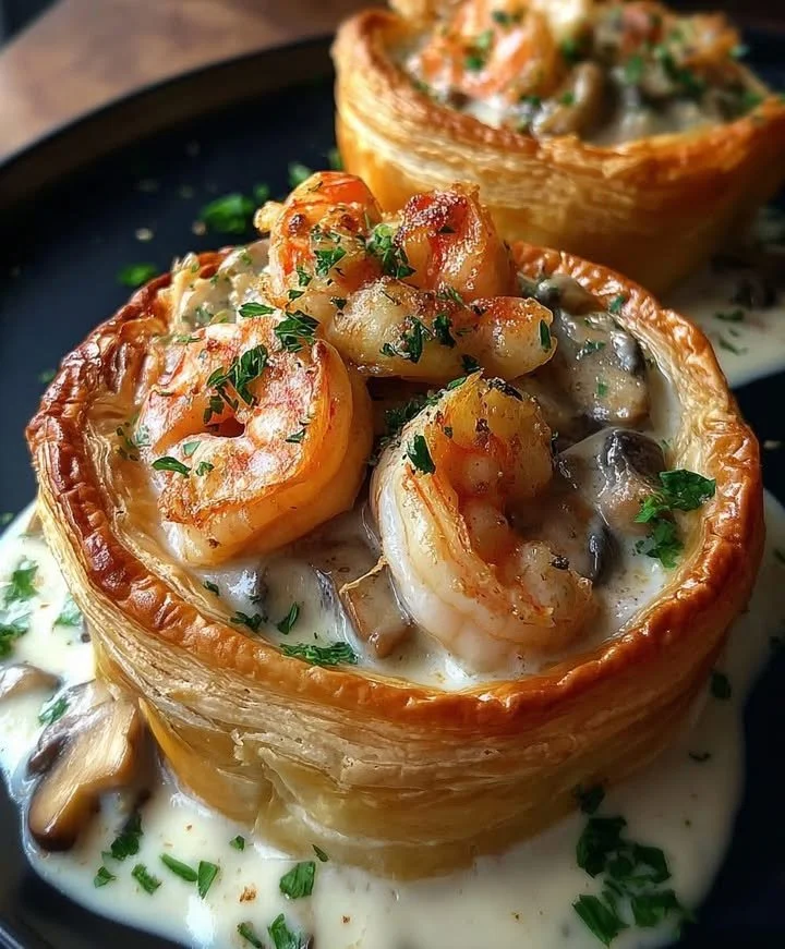 Shrimp & Mushroom Vol-au-Vent in Creamy Garlic Sauce