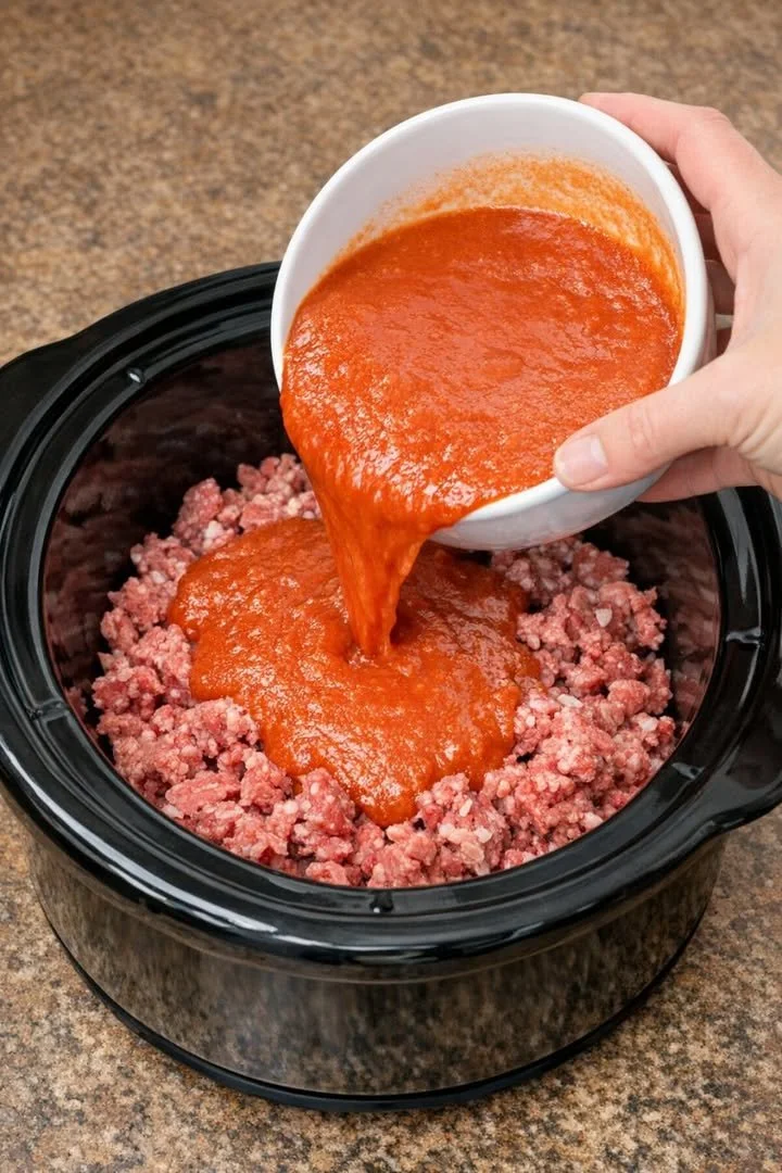 Delicious Slow Cooker Beef and Tomato Bake served in a bowl with herbs.